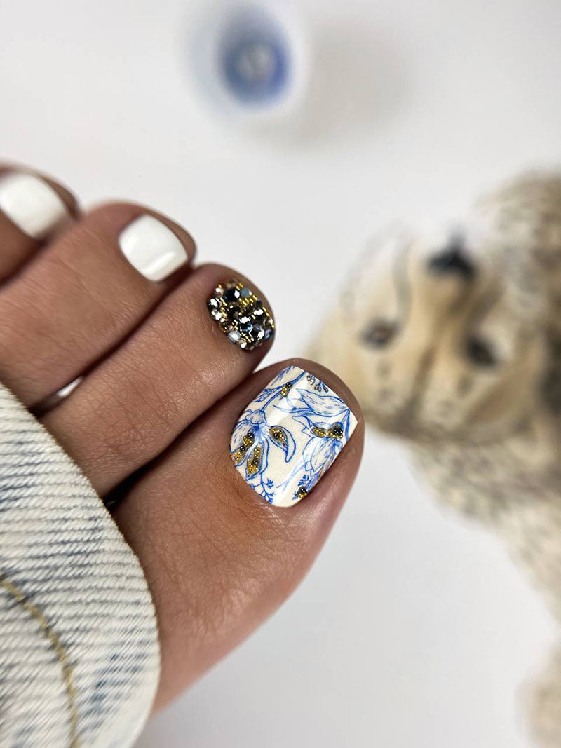 Pedicure Flowers Blue. Gold Foil. Large. Nail wraps WB-483