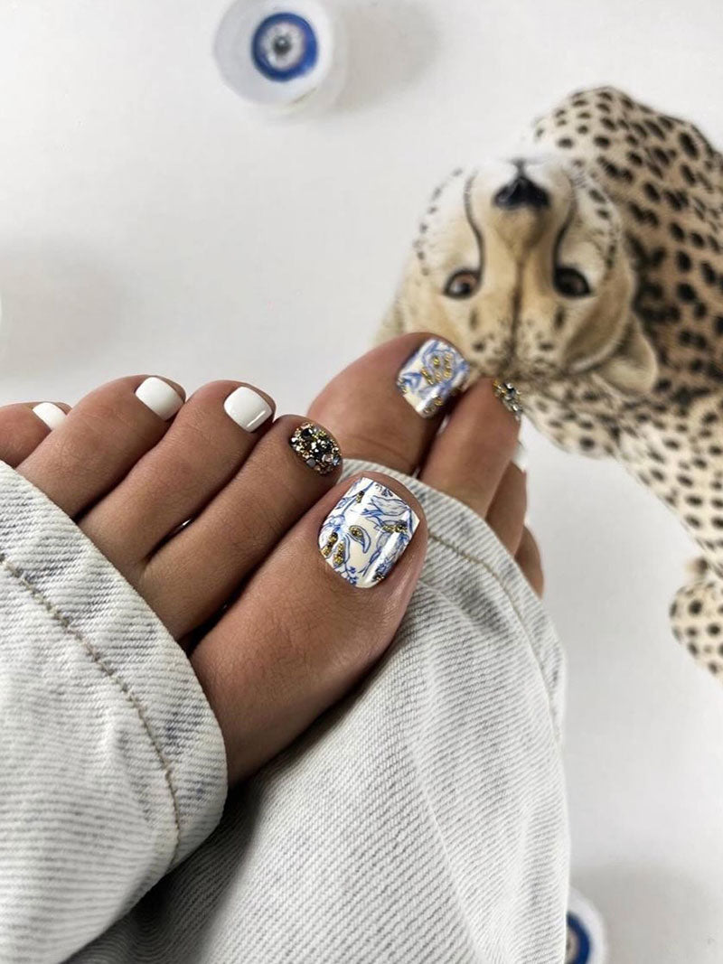 Pedicure Flowers Blue. Gold Foil. Large. Nail wraps WB-483