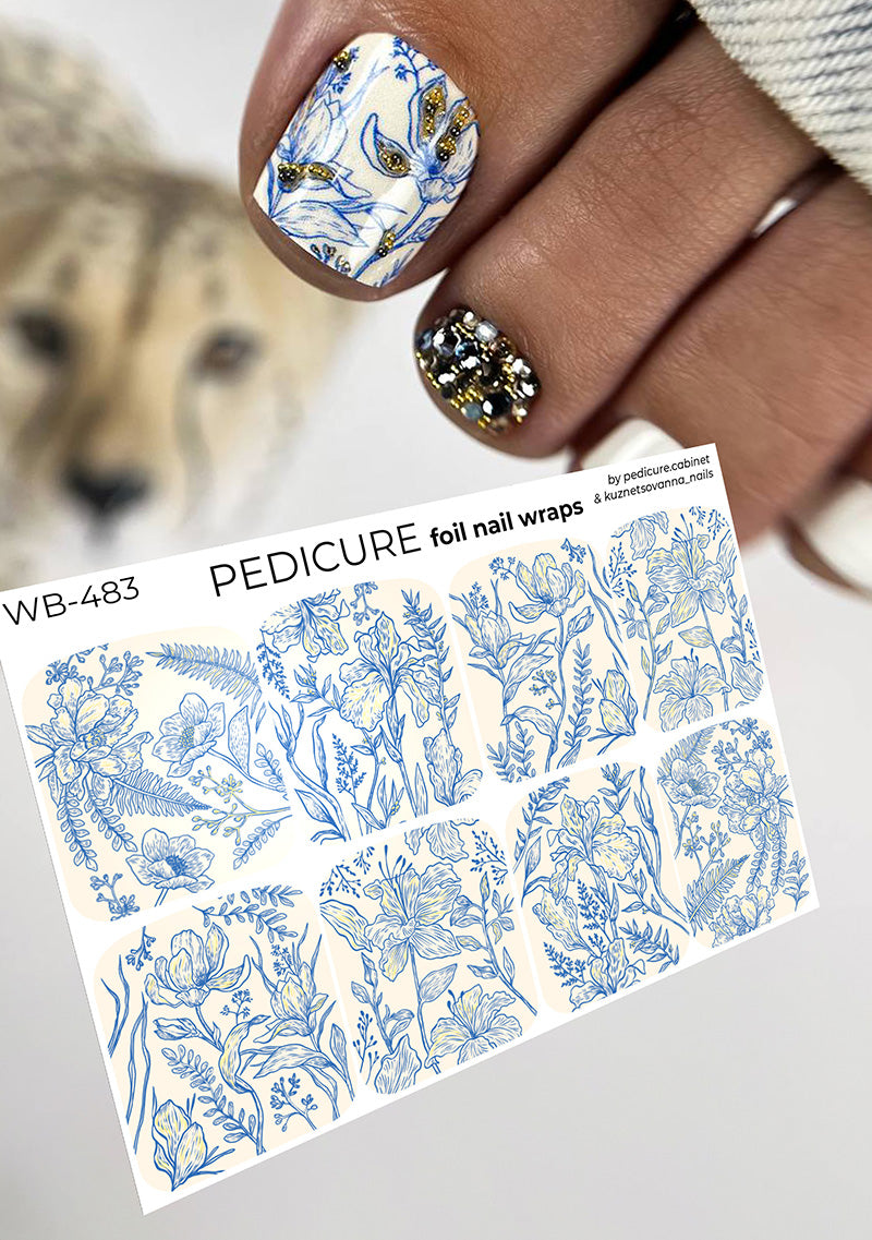 Pedicure Flowers Blue. Gold Foil. Large. Nail wraps WB-483