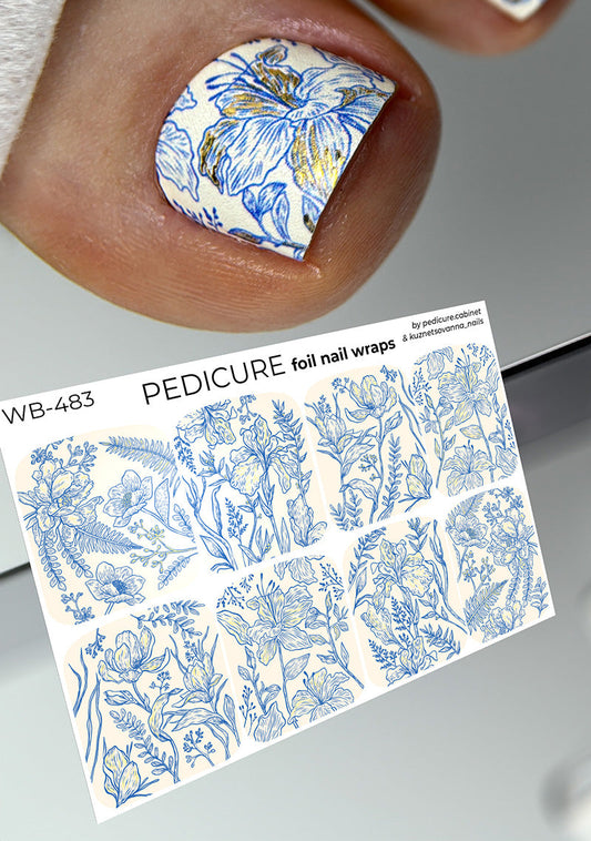 Pedicure Flowers Blue. Gold Foil. Large. Nail wraps WB-483