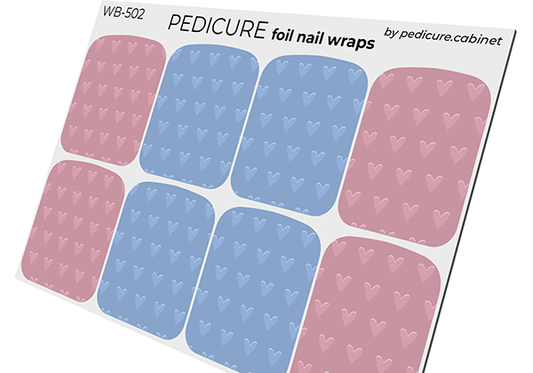 Pedicure Hearts Blue and Pink. Colored Foil. Large. Nail wraps WB-502