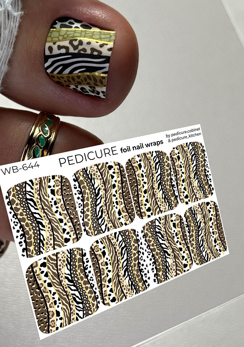 Pedicure Brown Animal Stripes. Foil gold. Large. Nail wrap WB-644