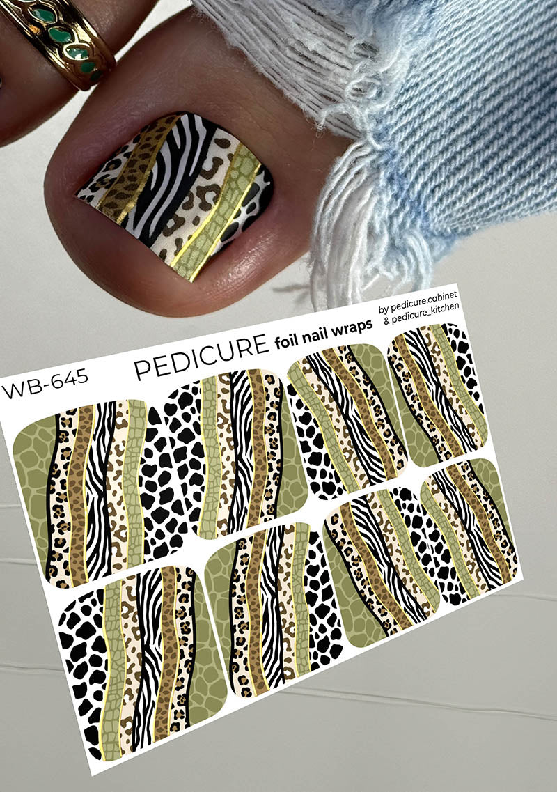 Pedicure Green Animal Stripes. Foil gold. Large. Nail wrap WB-645