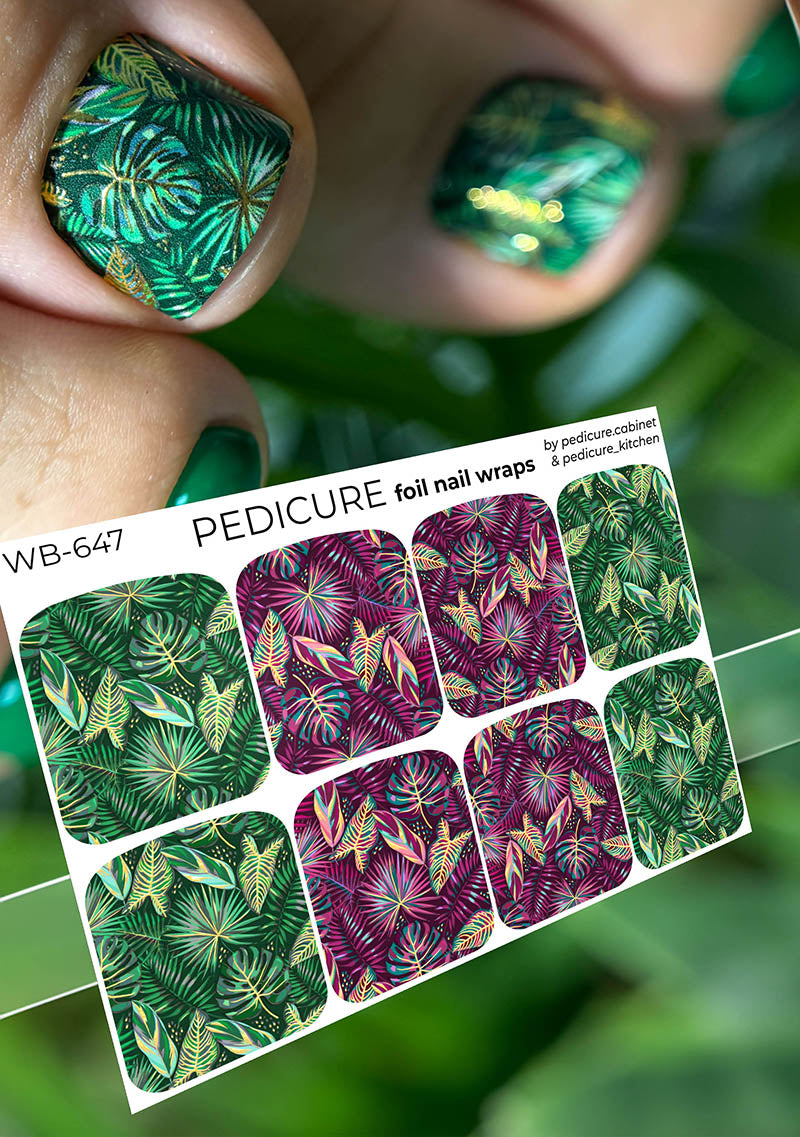 Pedicure Burgundy and Green Leaves. Foil gold. Large. Nail wrap WB-647