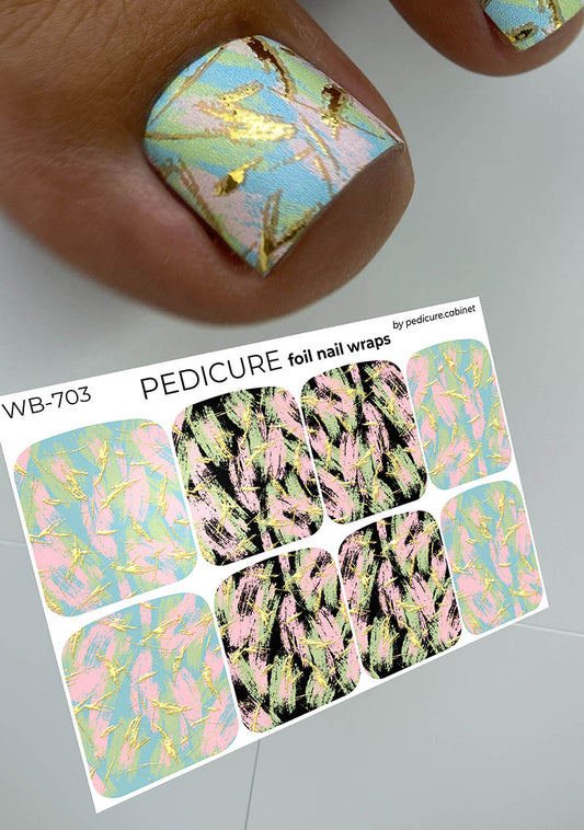 Pedicure Strokes: Pink, Blue, Green, and Black. Gold Foil. Large. Nail wrap WB-703