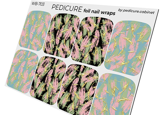 Pedicure Strokes: Pink, Blue, Green, and Black. Gold Foil. Large. Nail wrap WB-703