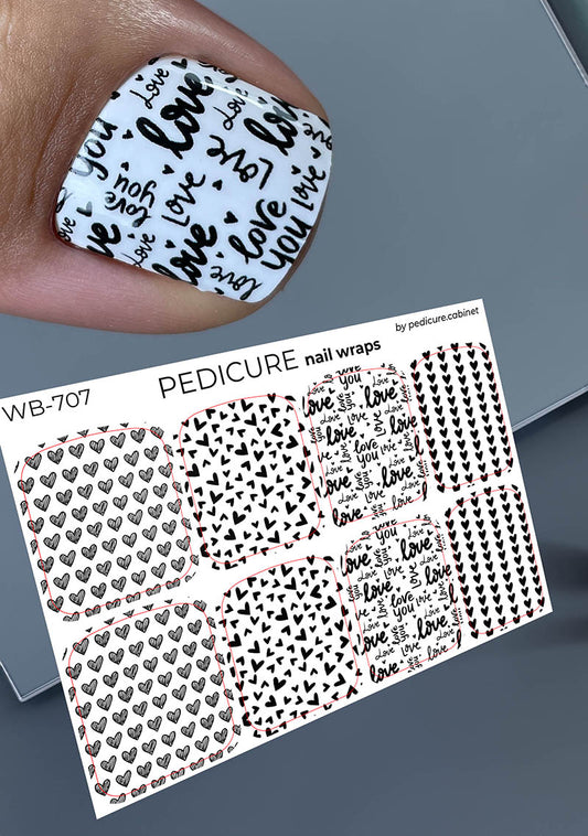 Pedicure Mix. Black and White Hearts. Large. Nail wrap WB-707