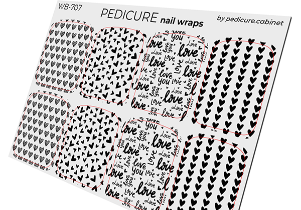 Pedicure Mix. Black and White Hearts. Large. Nail wrap WB-707