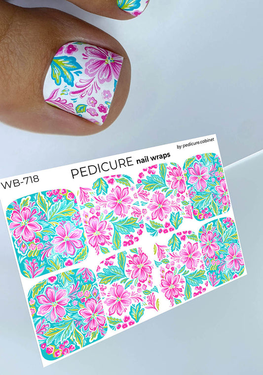 Pedicure Pink Flowers with Green and White Background. Large. Nail wrap WB-718