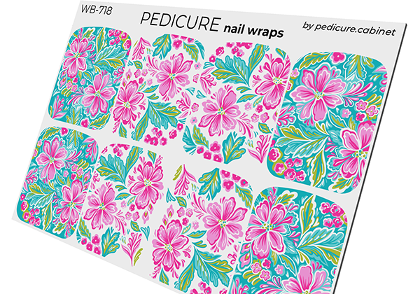 Pedicure Pink Flowers with Green and White Background. Large. Nail wrap WB-718