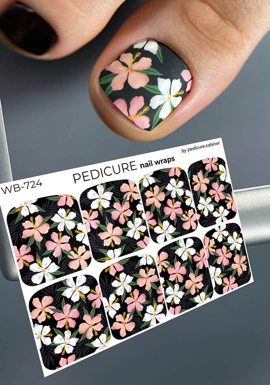 Pedicure Flowers. Black Background. Large. Nail wrap WB-724