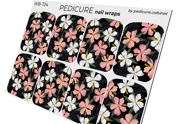 Pedicure Flowers. Black Background. Large. Nail wrap WB-724