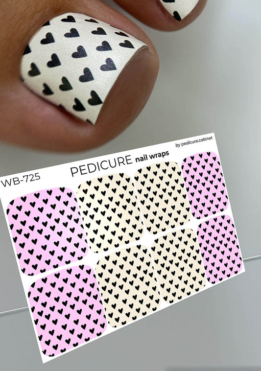 Pedicure Black Hearts. Pink and Milky Background. Large. Nail wrap WB-725