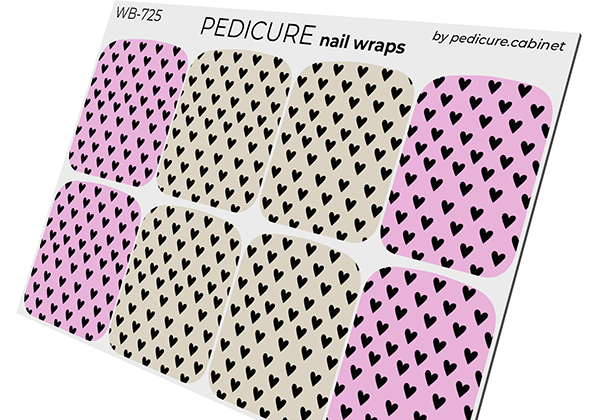 Pedicure Black Hearts. Pink and Milky Background. Large. Nail wrap WB-725