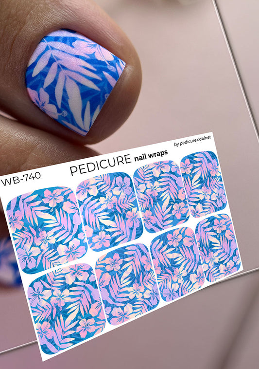 Pedicure Flowers. Blue Background with Shadow. Large. Nail wrap WB-740