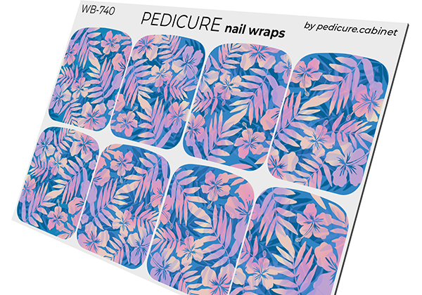 Pedicure Flowers. Blue Background with Shadow. Large. Nail wrap WB-740