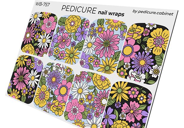 Pedicure Flowers blue and black background. Large. Nail wrap WB-757