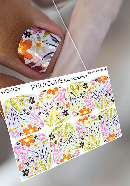 Pedicure Flowers and leaves. Colored foil. Large. Nail wrap WB-763