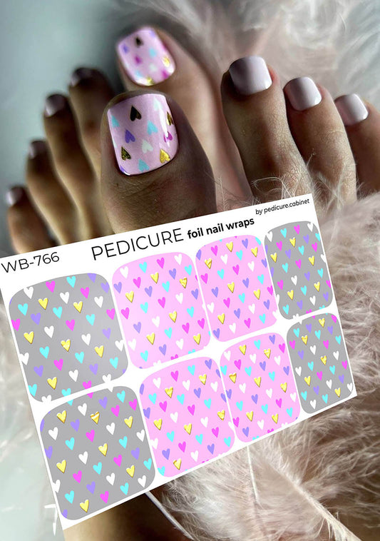 Pedicure Hearts gray and pink background. Foil gold. Large. Nail wrap WB-766