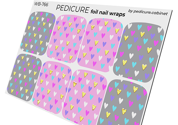 Pedicure Hearts gray and pink background. Foil gold. Large. Nail wrap WB-766