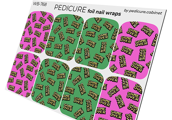 Pedicure Game over pink and green. Foil gold. Large. Nail wrap WB-768