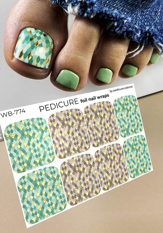 Pedicure Python beige and green. Foil gold. Large. Nail wrap WB-774