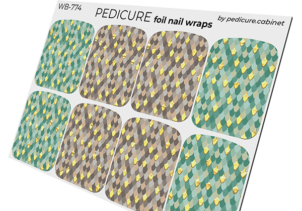 Pedicure Python beige and green. Foil gold. Large. Nail wrap WB-774