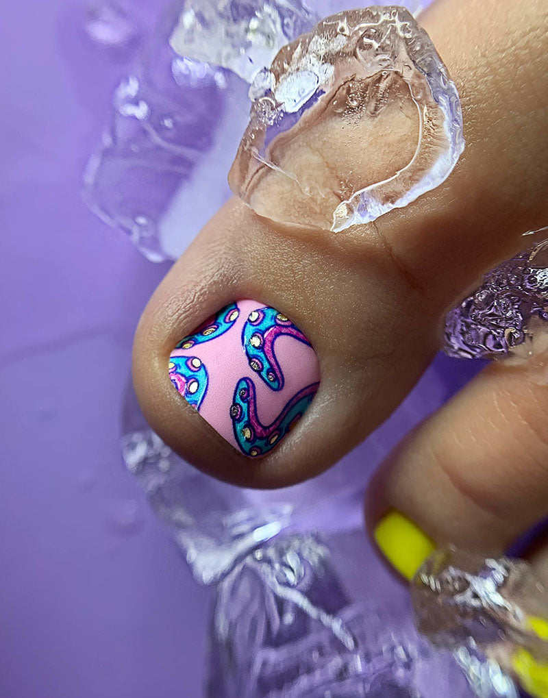 Pedicure Tentacles. Pink and yellow. Foil gold. Large. Nail wrap WB-776