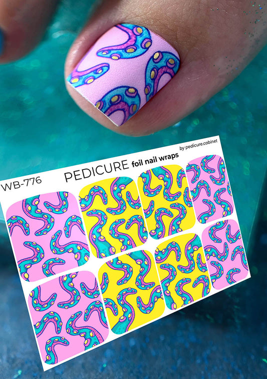 Pedicure Tentacles. Pink and yellow. Foil gold. Large. Nail wrap WB-776