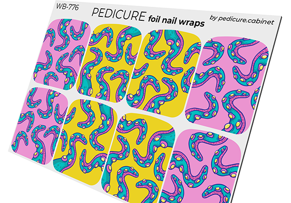 Pedicure Tentacles. Pink and yellow. Foil gold. Large. Nail wrap WB-776