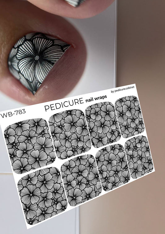 Pedicure Flowers. Black and white. Large. Nail wrap WB-783