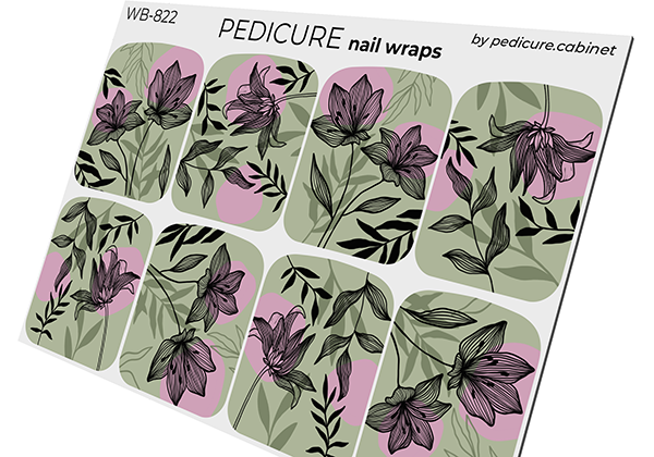 Pedicure Black flowers. Background khaki and pink. Large. Nail wrap WB-822