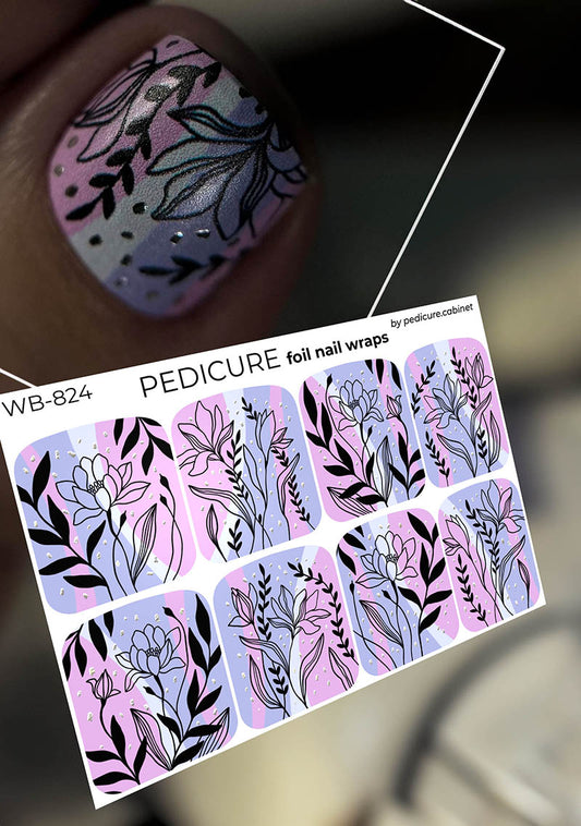 Pedicure Black flowers. Pink lilac. Foil silver. Large. Nail wrap WB-824