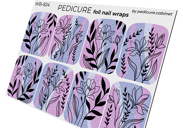 Pedicure Black flowers. Pink lilac. Foil silver. Large. Nail wrap WB-824