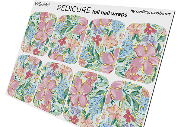 Pedicure Flowers. Watercolor. Foil gold. Large. Nail wrap WB-849