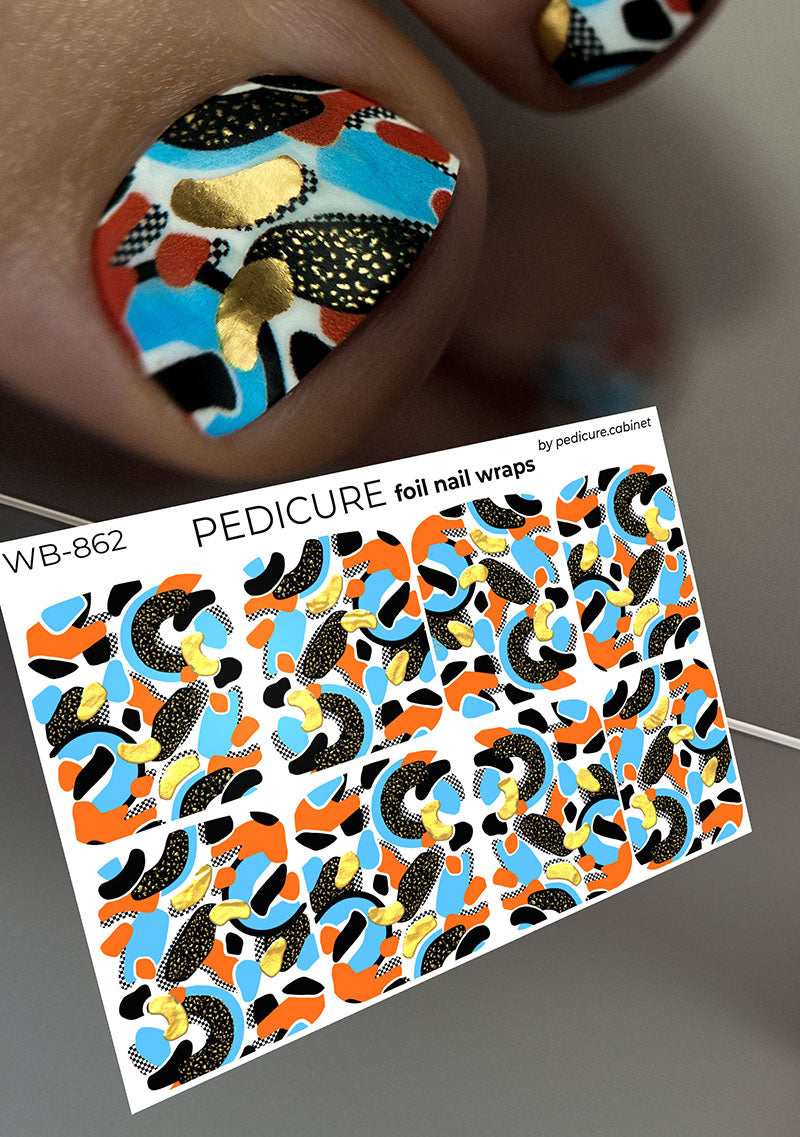 Pedicure Abstraction. Black orange blue. Foil gold. Large. Nail wrap WB-862