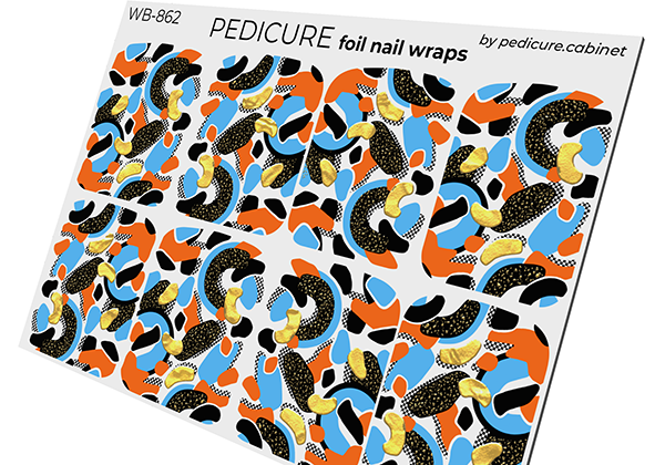 Pedicure Abstraction. Black orange blue. Foil gold. Large. Nail wrap WB-862