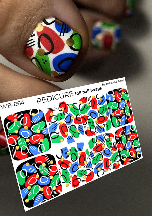 Pedicure Green red blue. Two backgrounds. Foil gold circles. Large. Nail wrap WB-864