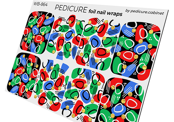 Pedicure Green red blue. Two backgrounds. Foil gold circles. Large. Nail wrap WB-864