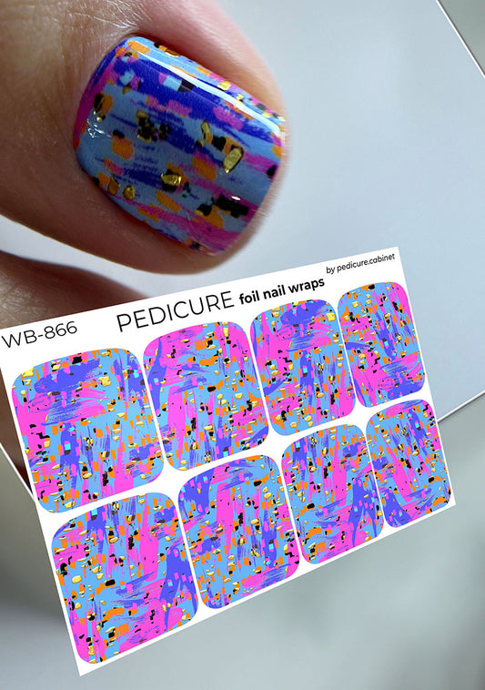 Pedicure Abstraction. Purple pink and orange. Foil gold. Large. Nail wrap WB-866