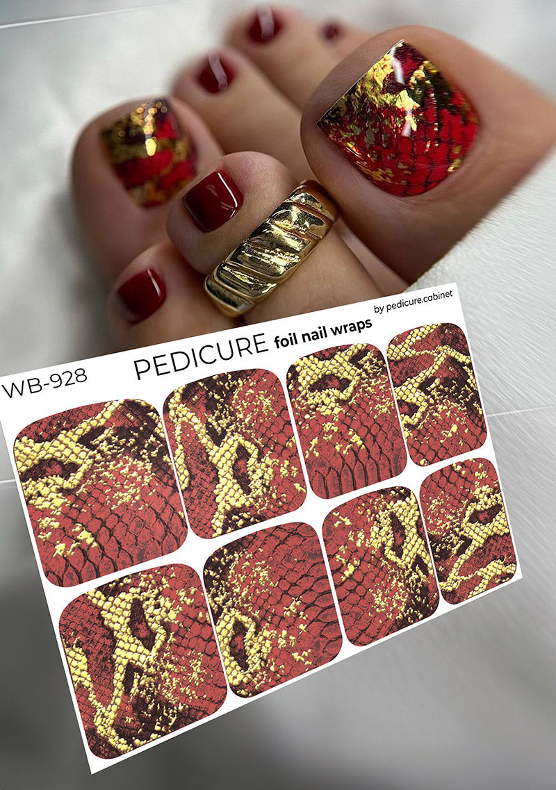 Pedicure Python. Red. Foil gold. Large. Nail wrap WB-928