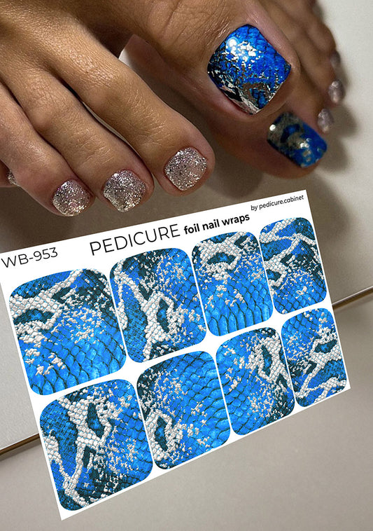 Pedicure Python. Blue. Foil silver. Large. Nail wrap WB-953