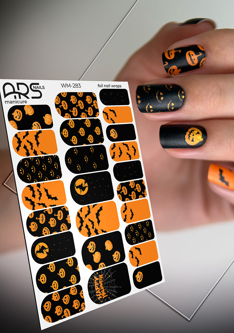 Manicure Halloween orange. Colored Foil. Nail wraps WM-283