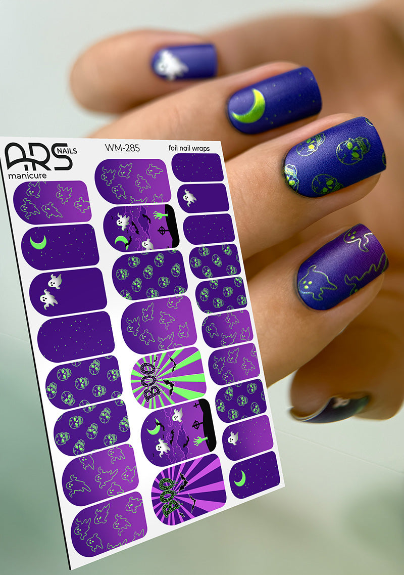 Manicure Halloween purple. Colored Foil. Nail wraps WM-285