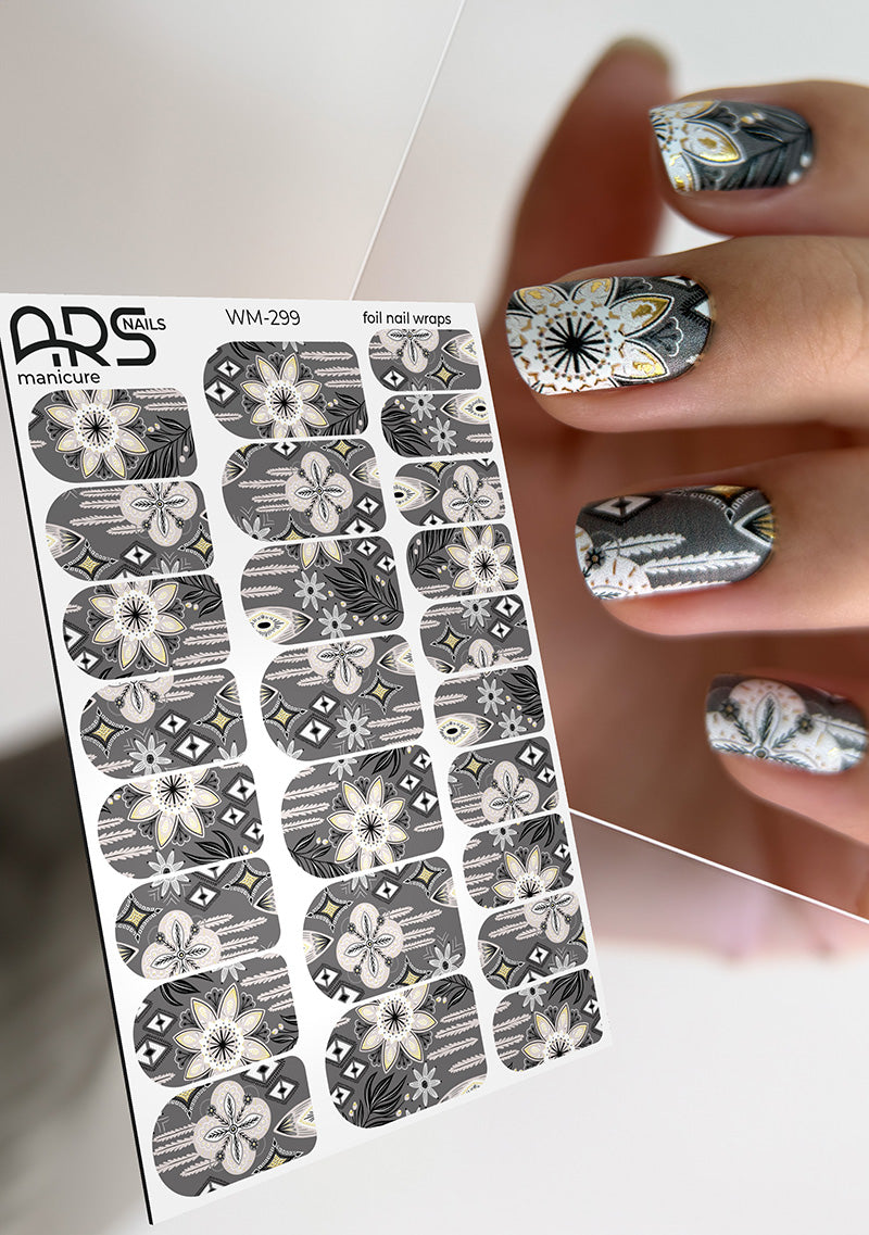 Manicure Geometric flowers. Gold Foil. Nail wraps WM-299