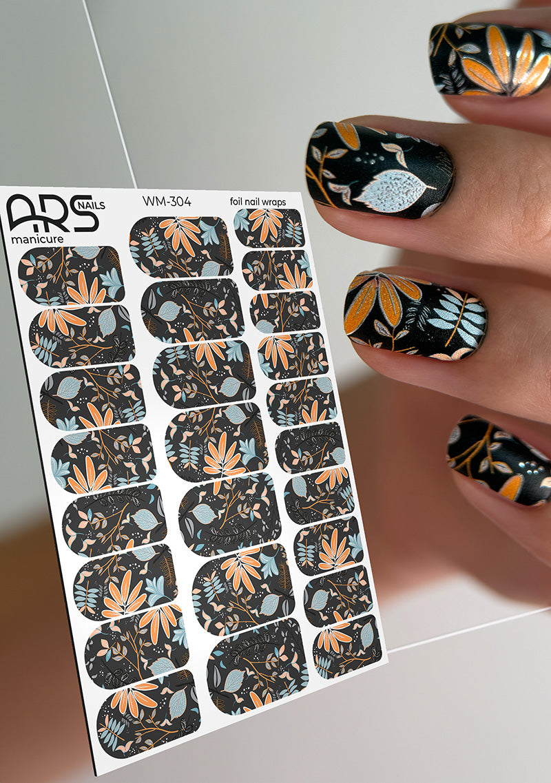 Manicure Twigs with leaves. Silver Foil. Nail wraps WM-304