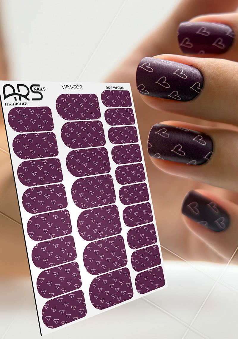 Manicure Hearts burgundy. Nail wraps WM-308