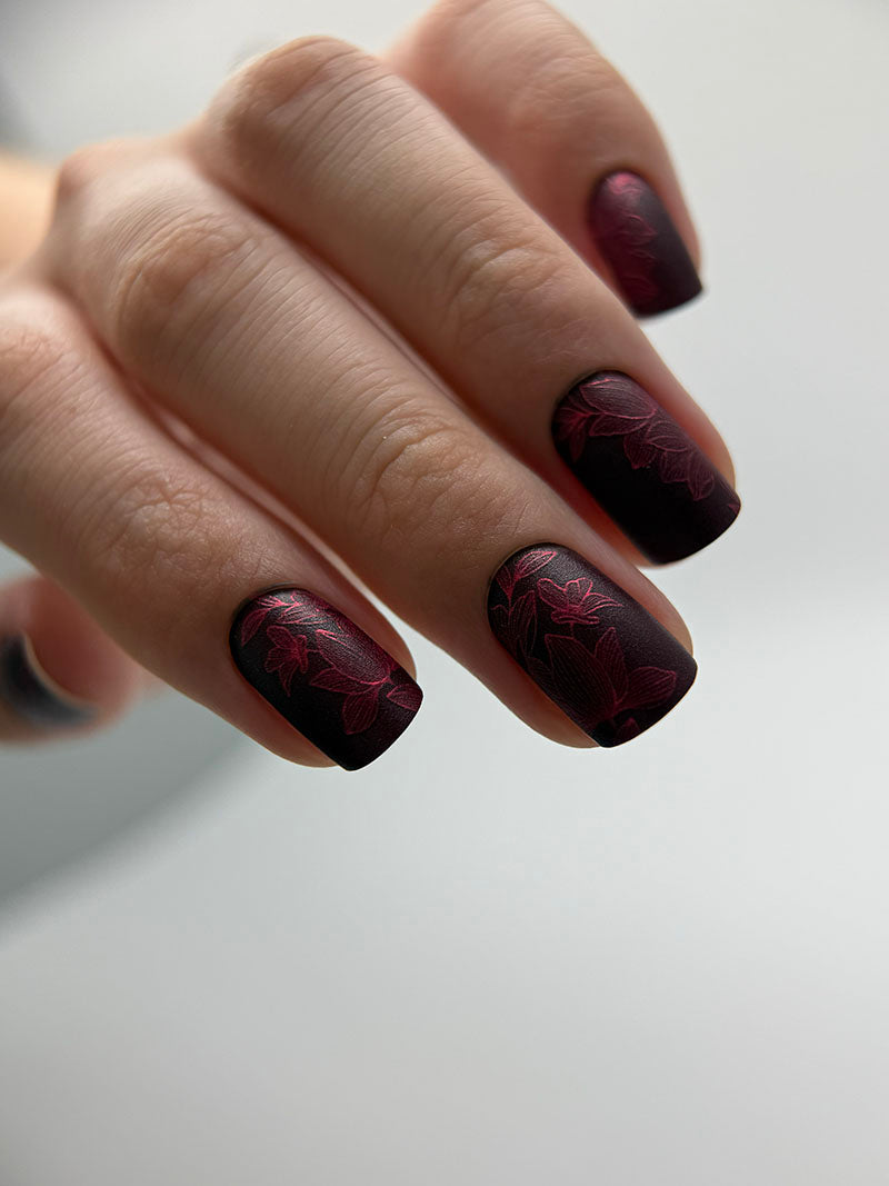 Manicure Lilies on burgundy. Colored Foil. Nail wraps WM-328