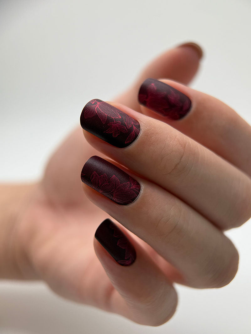 Manicure Lilies on burgundy. Colored Foil. Nail wraps WM-328