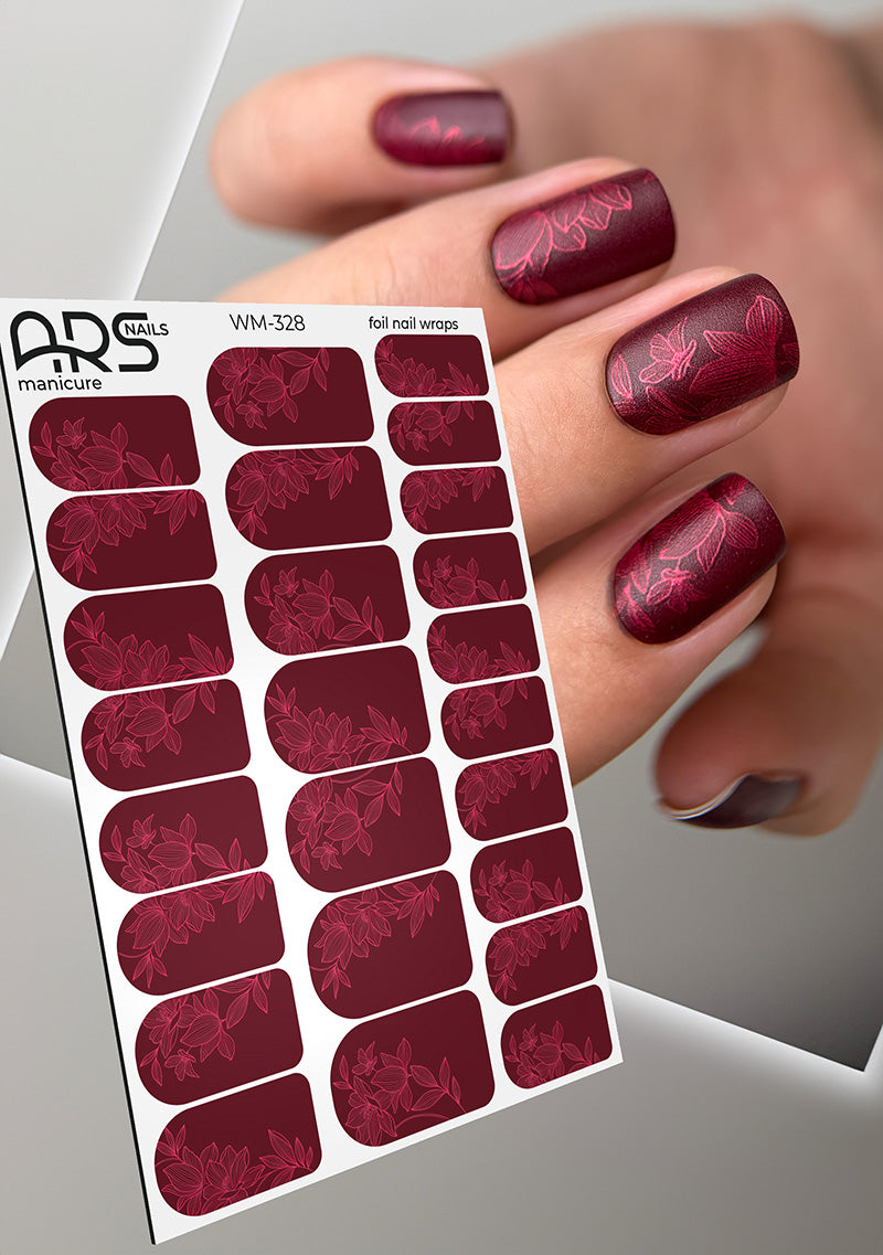 Manicure Lilies on burgundy. Colored Foil. Nail wraps WM-328